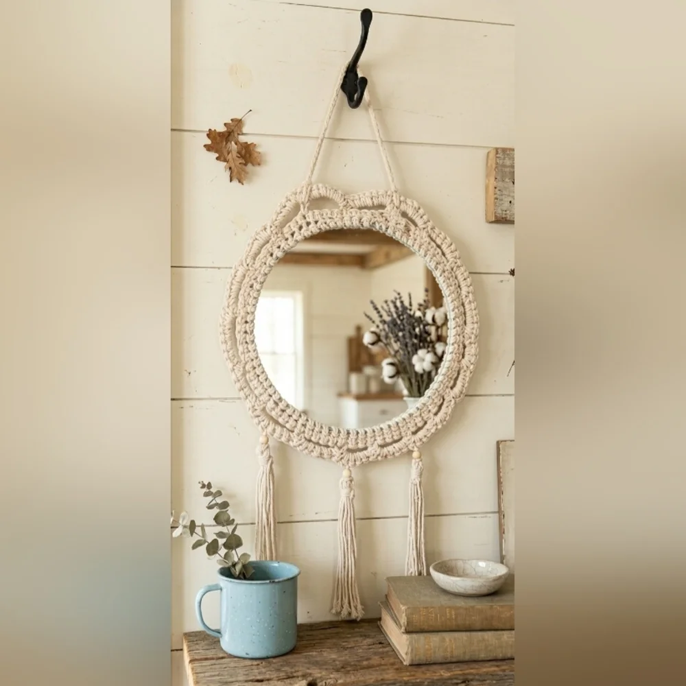 Handmade Macramé Round Wall Mirror - Cream